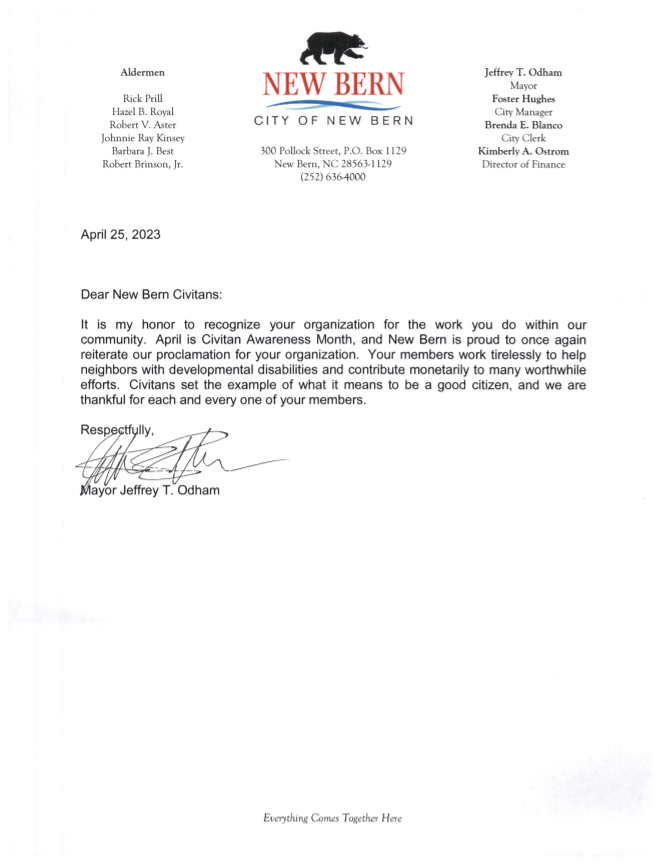 City of New Bern Proclamation Letter